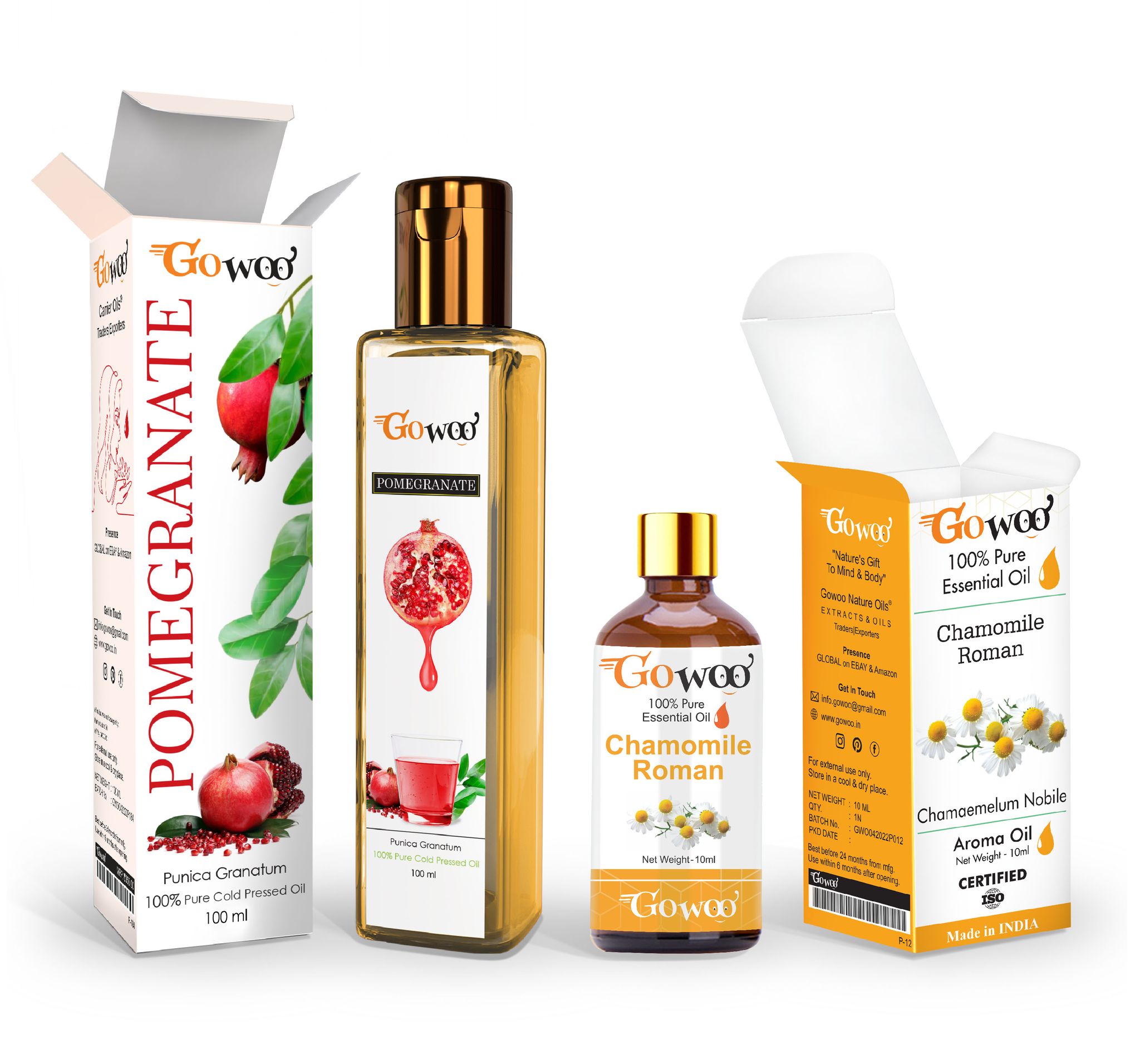 Pack of 2 Chamomile Roman Essential Oil and Pomegranate Seed Carrier Oil - 100% Pure & Natural Oil For Skin Care & Hair Care