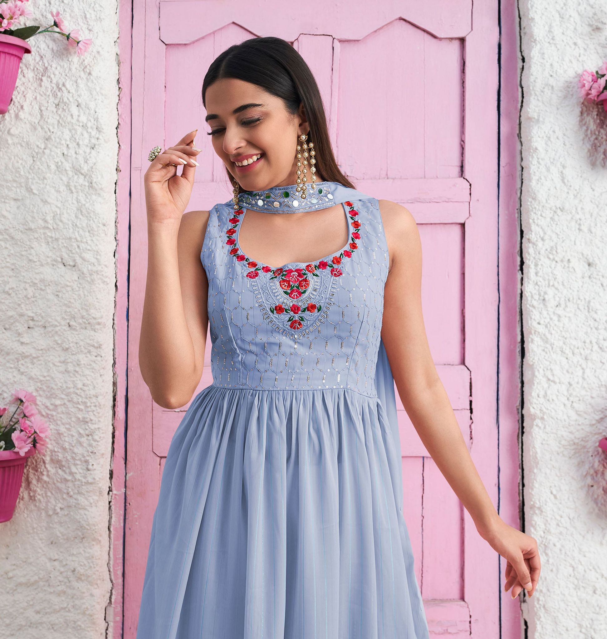 Sky Blue Sequins Embroidery Georgette Kurta Set for Wedding guest