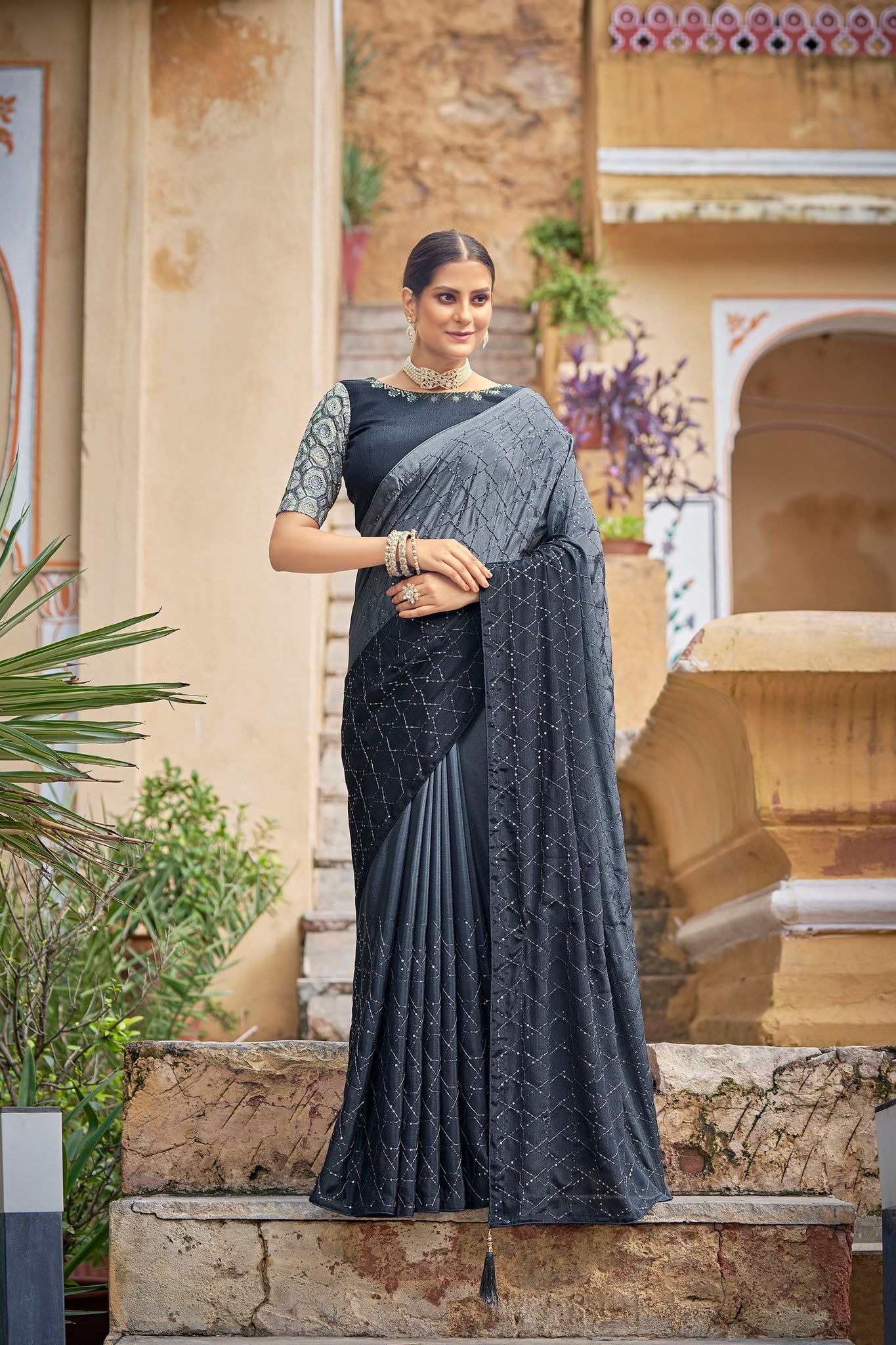 Grey Color Chinnon Sequence Work Saree for Wedding Guest