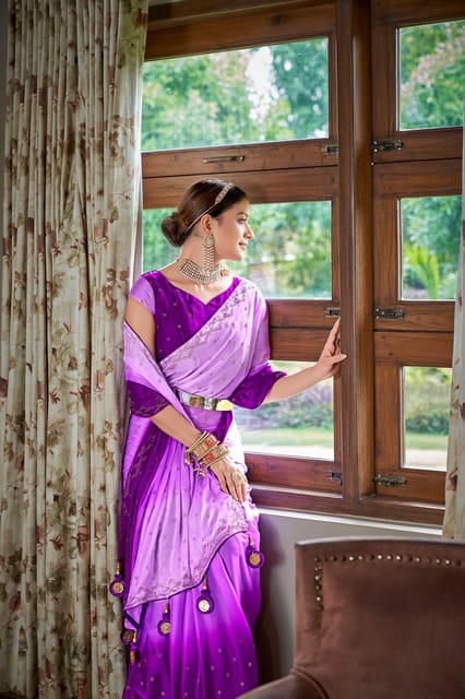 Light Pink Banarasi Silk Linen Saree | Purple and Gold Zari Border | L –  kihums clothing