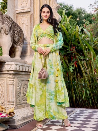 Green Digital Print Silk Koti Top Party Wear Palazzo