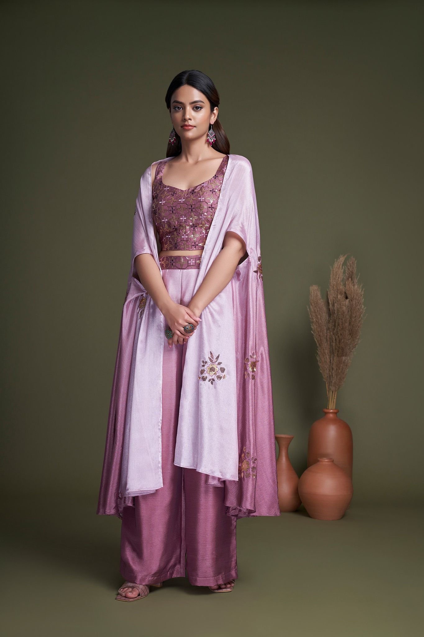 Pink Embroidered Chinnon Party Wear Palazzo