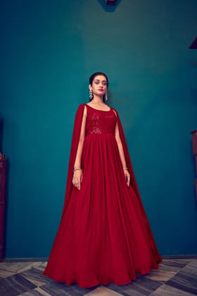 Red Georgette Sequins Work Cocktail Gown