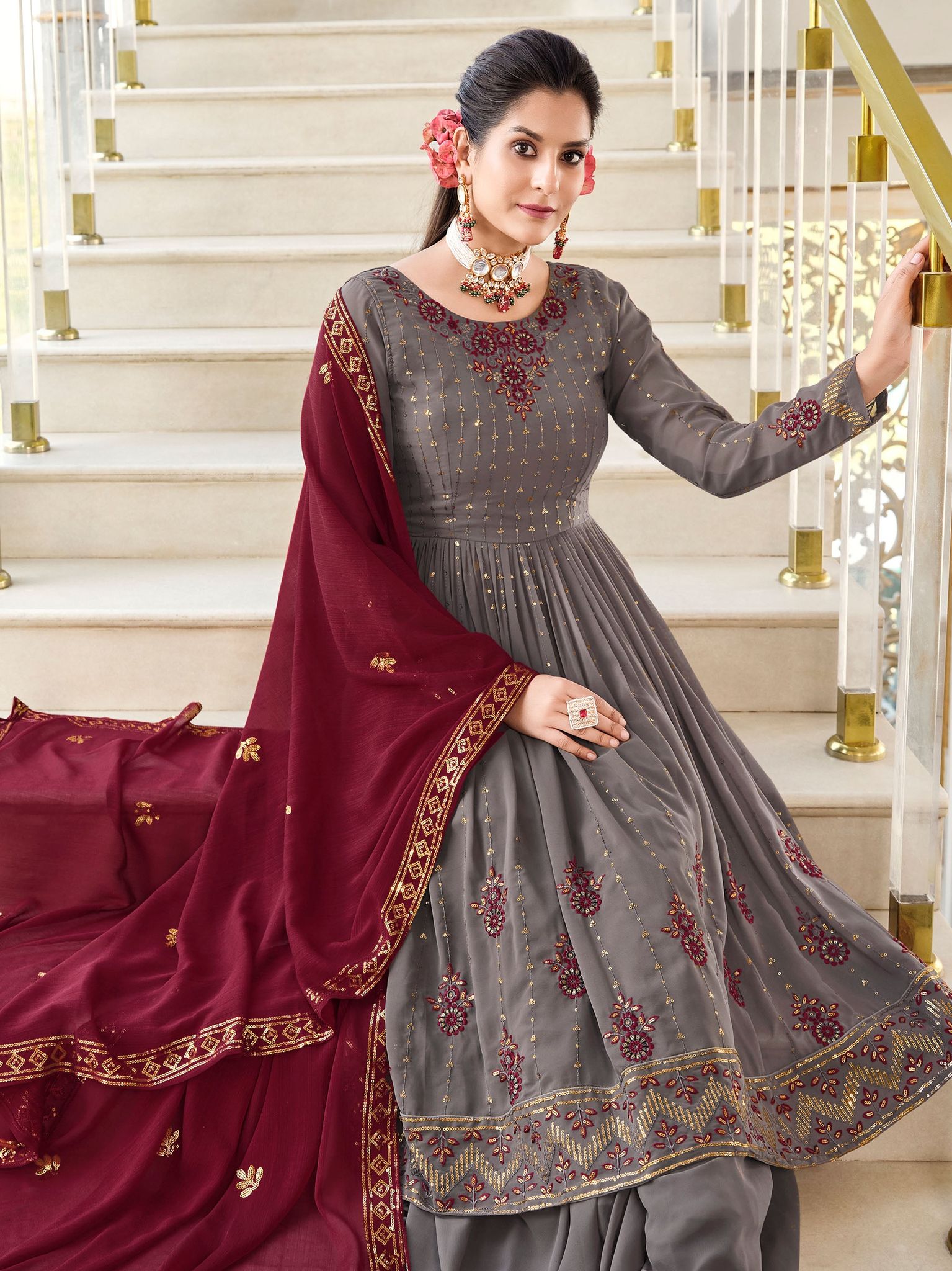 Grey Thread Embroidery Georgette Sharara for Mehendi