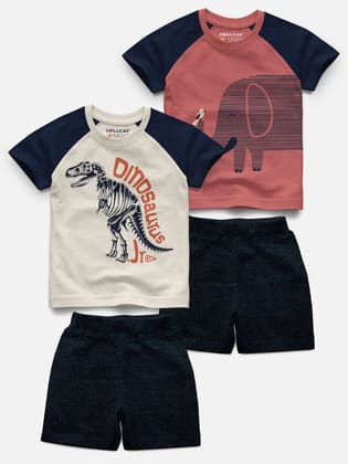 Raglan Half Sleeve Printed T-shirt with Comfy Solid Shorts for Infants & Toddler - Pack of 4 (2 T-shirt & 2 Shorts)