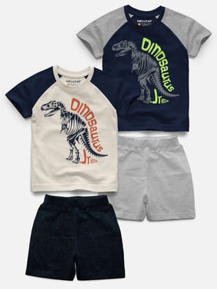 Raglan Half Sleeve Printed T-shirt with Comfy Solid Shorts for Infants & Toddler - Pack of 4 (2 T-shirt & 2 Shorts)