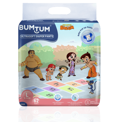 BUMTUM Chota Bheem Baby Diaper Pants with Leakage Protection -9 to 14 Kg (Large, 62 Count, Pack of 1)