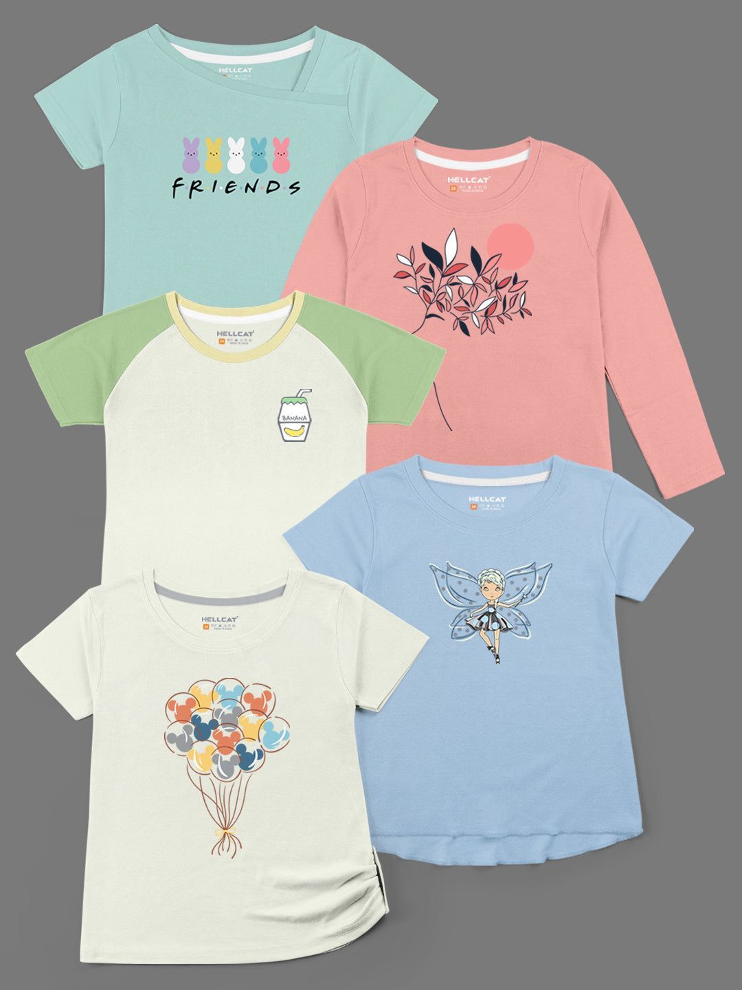 Trendy Printed Round Neck with Short Sleeve /Long Sleeve Multi colour Tshirts for Girls - Pack of 5