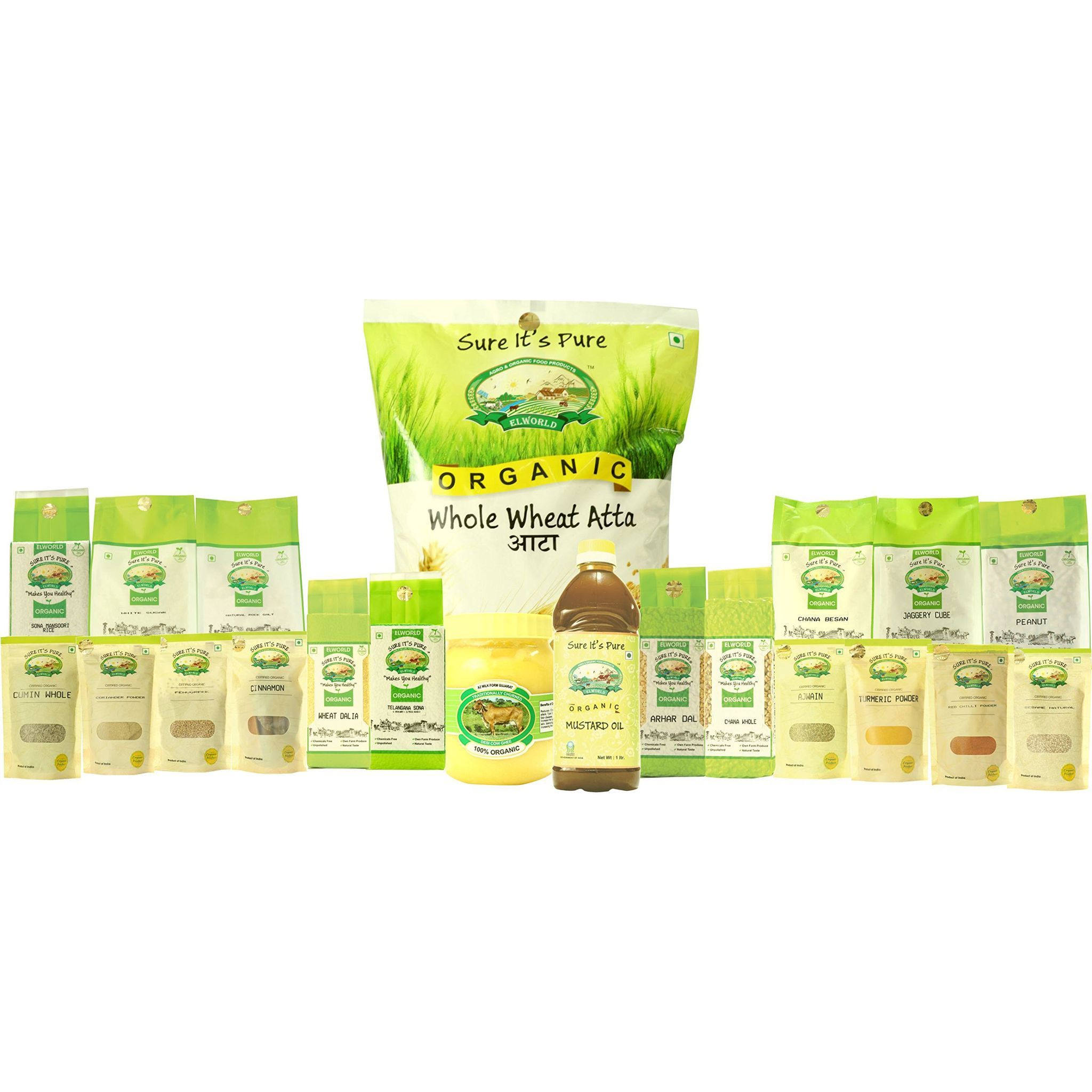 ELWORLD AGRO & ORGANIC FOOD PRODUCTS Organic Combo Pack of Essential Kitchen Items Wheat Atta, Spices, Pulses, Rice, Oil, Ghee