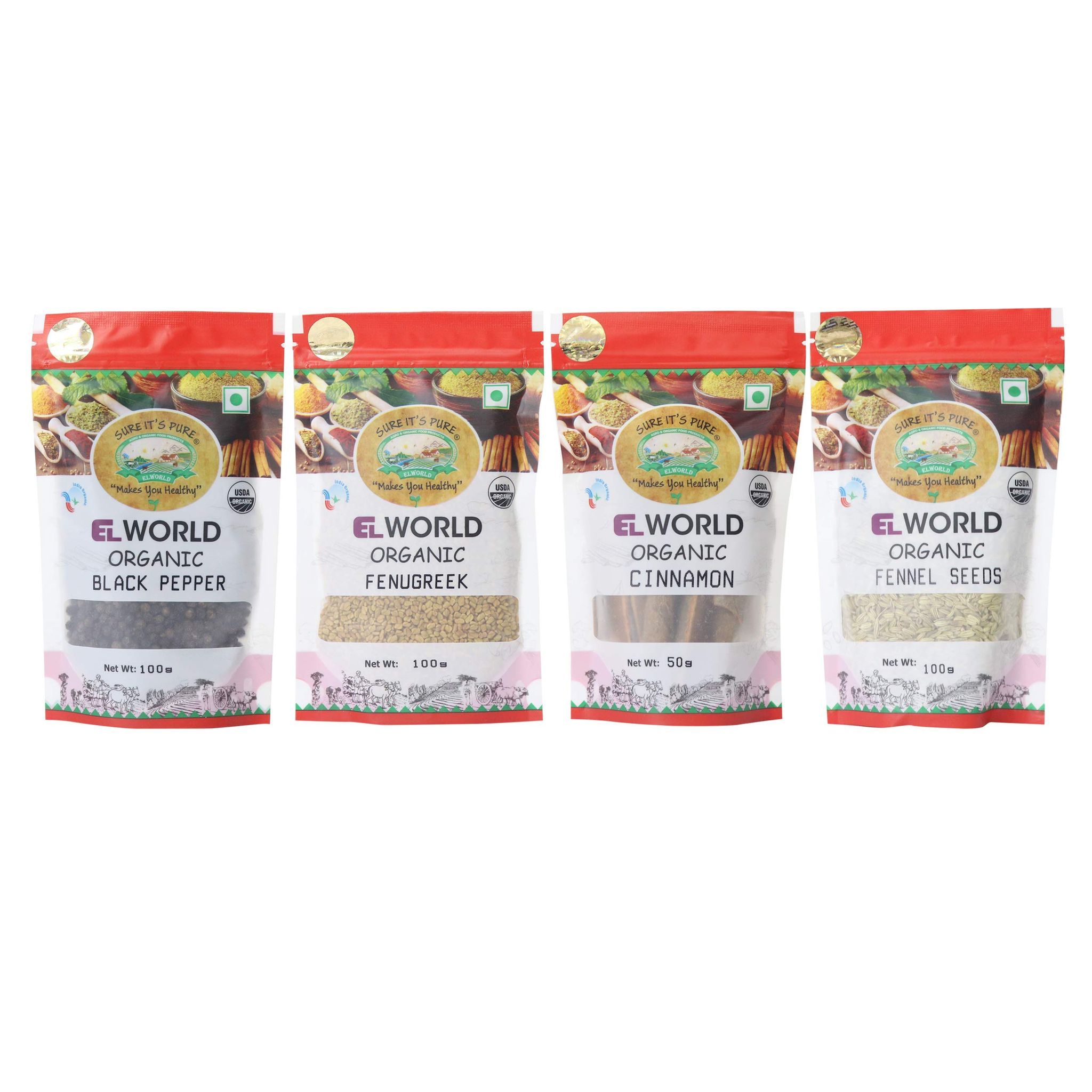 ELWORLD AGRO & ORGANIC FOOD PRODUCTS Combo Pack of Cinnamon (50G)+Black Pepper (100G) + Fennel Seeds (100G) + Fenugreek (100G)