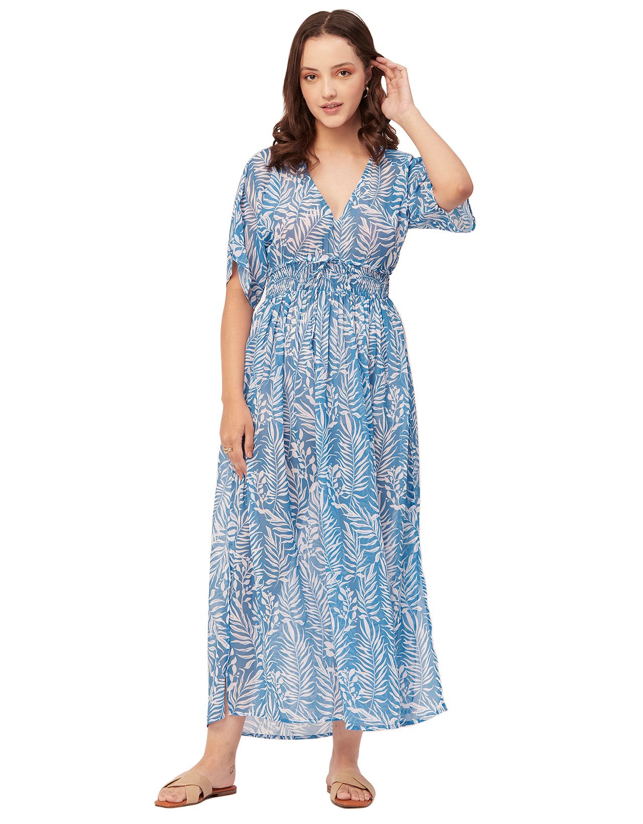 Moomaya Printed Long Dress For Women, V-Neck Short Sleeve Sheer Coverup Maxi Dresses