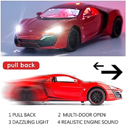 KTRS ENTERPRISE 1:24 LYKAN Hyper Sport Diecast Metal Pullback Openable Doors Toy Cars with Flashing Light and Musical Sound for Gifts Toys for Kids Boys and Girls Children (Colour AS PER Stock)
