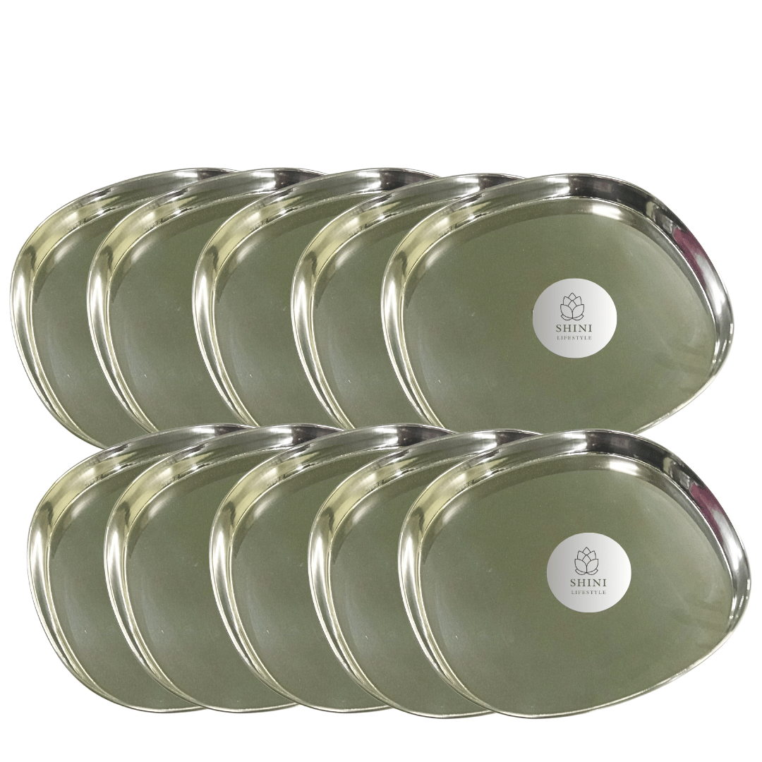 SHINI LIFESTYLE Stainless Steel Serving Plate, Rice Plate, Dinner plates, Steel Thali (Dia-24cm, 10pc)