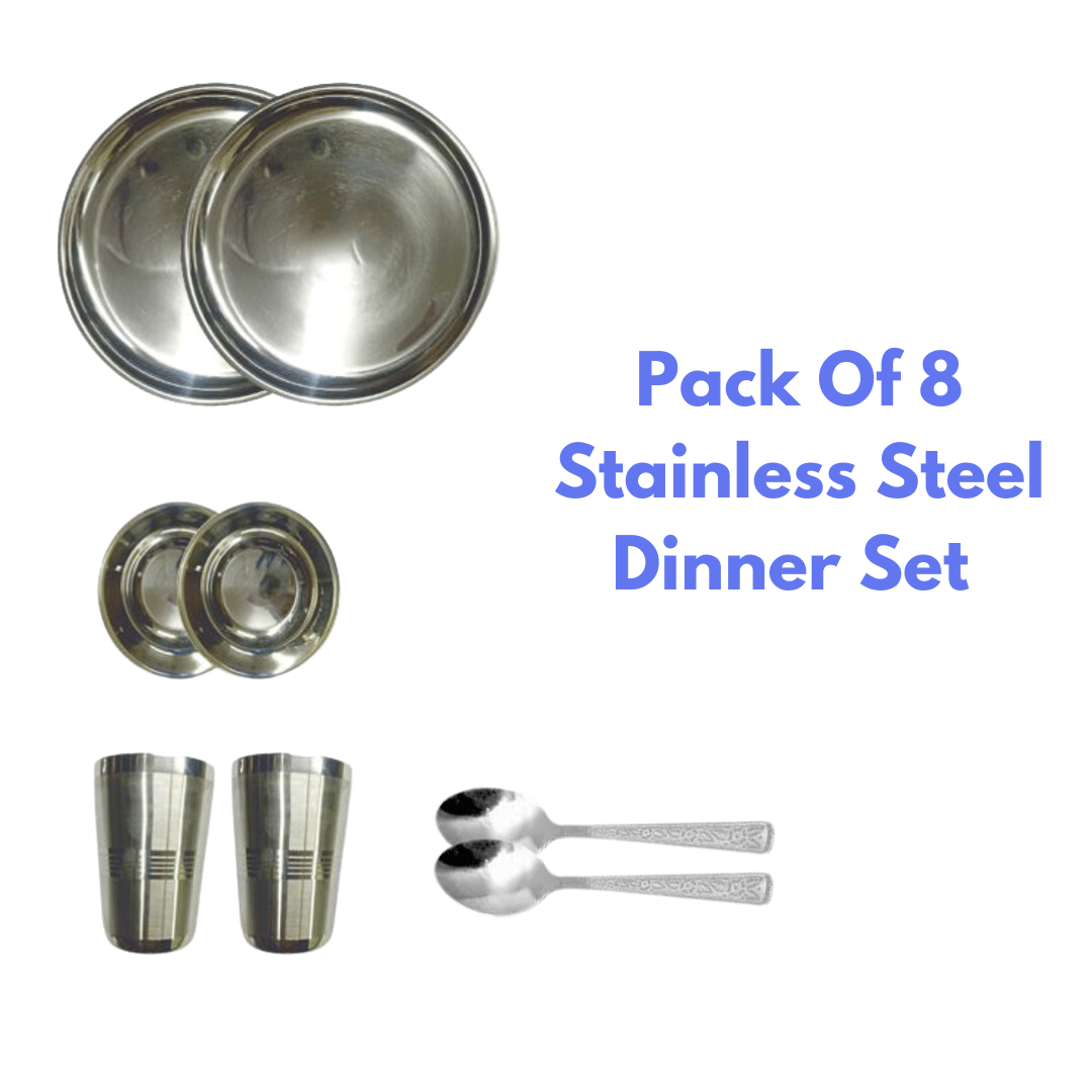 SHINI LIFESTYLE Dinner Set Steel 8Pcs|Kitchen Set for Home, Stainless Steel Dinner Set, Steel Utensils for Kitchen, Utensils Set, Bartan Set-Silver