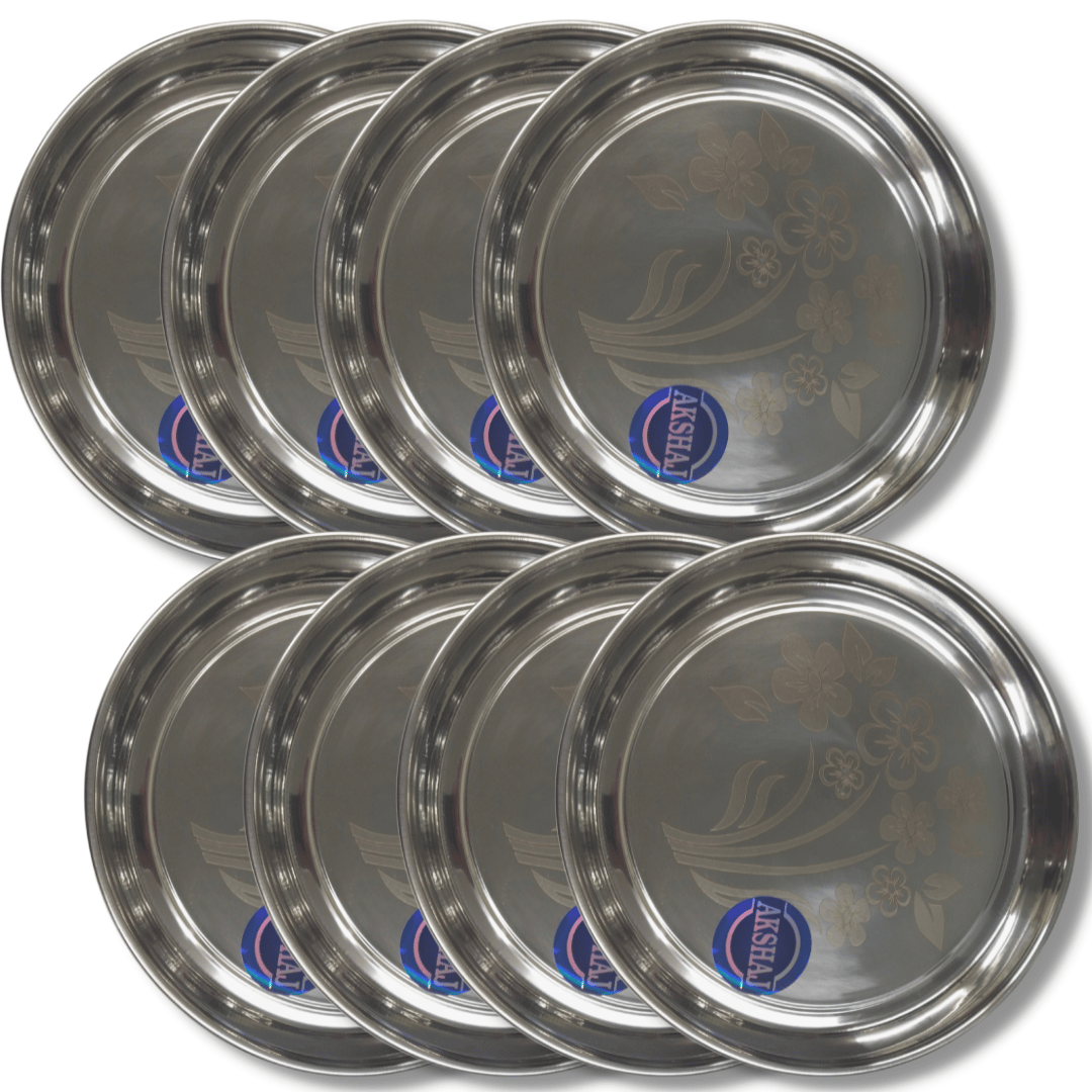 SHINI LIFESTYLE Stainless Steel Plate, khumcha Thali, Floral design, dinner plate 8pc