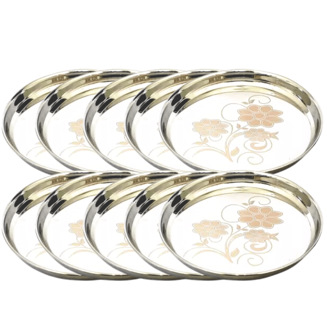 SHINI LIFESTYLE Stainless Steel Plate, khumcha Thali, Floral design, Light weight 30cm dinner plate 10pc