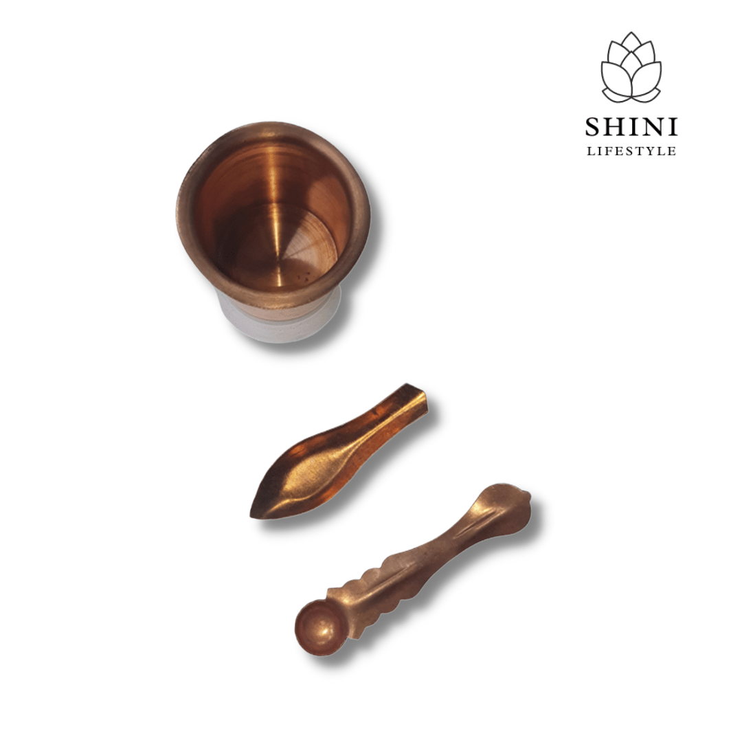 SHINI LIFESTYLE Copper Panch Patra Glass with arga & aachmani, Panchapatra Set to Serve Holy Water, for Poojan Purpose 4cm