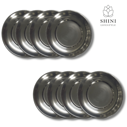 SHINI LIFESTYLE Heavy Gauge Steel Laser Halva Plates, Old Style Quarter Plate / Breakfast Plates / Poha Plate, 14 cm Quarter Plate (Pack of 8)