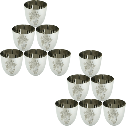 SHINI LIFESTYLE (Pack of 12) Stainless Steel Floral design, Heavy Gauge Glass Set Water/Juice Glass (350 ml, Steel, Silver)