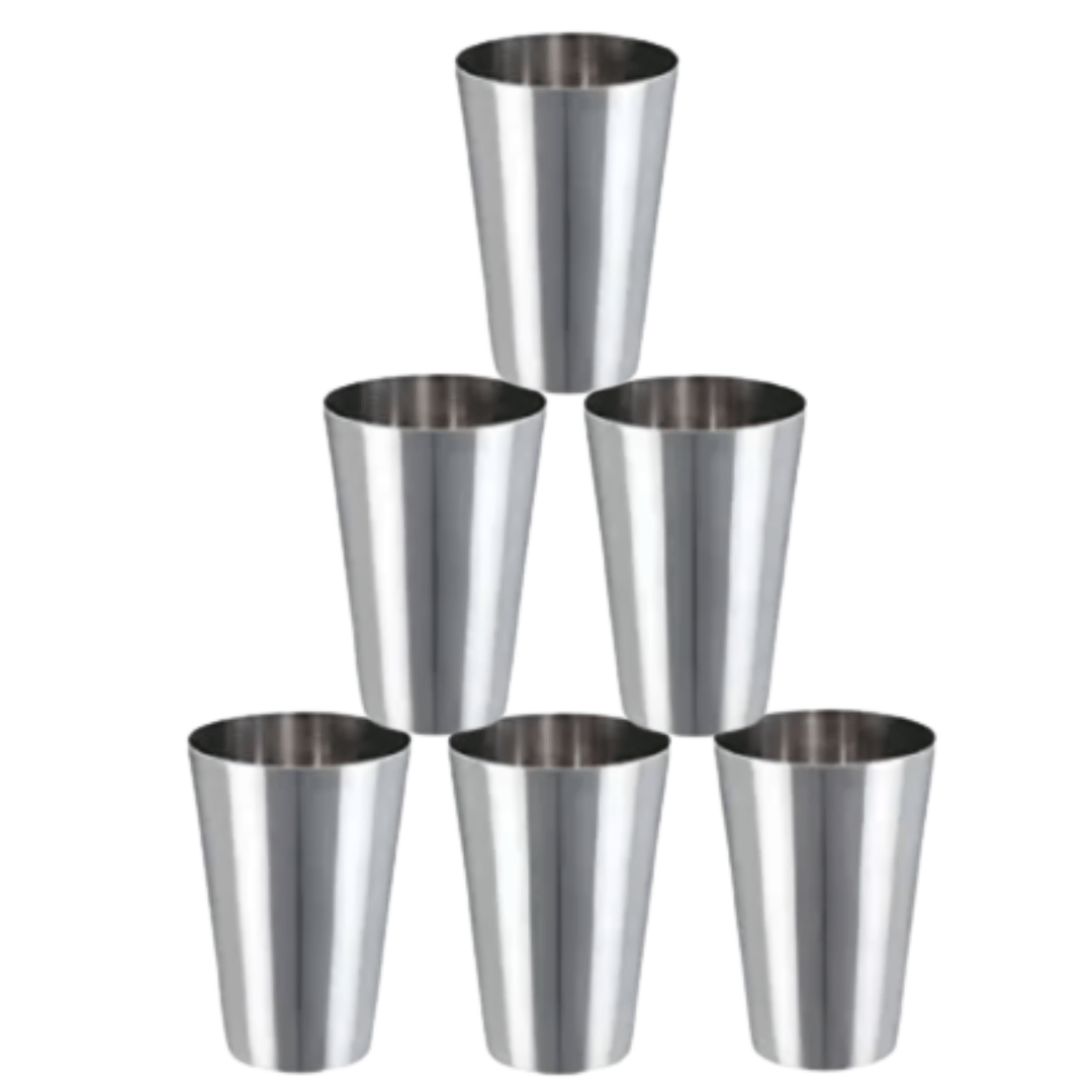 SHINI LIFESTYLE (Pack of 6) Mini glass, Tea Steel Cup, coffee steel cup Glass Set Water/Juice Glass (175 ml, Steel, Silver)