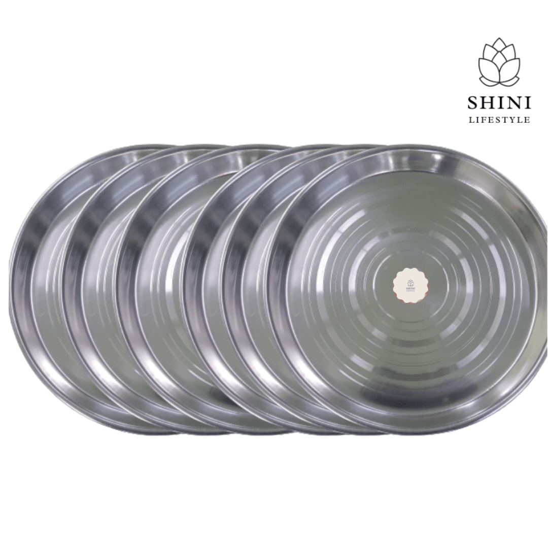 SHINI LIFESTYLE Stainless Steel Plate, Round, laser design, 30 cm Dining Dinner Plate (Pack of 6)