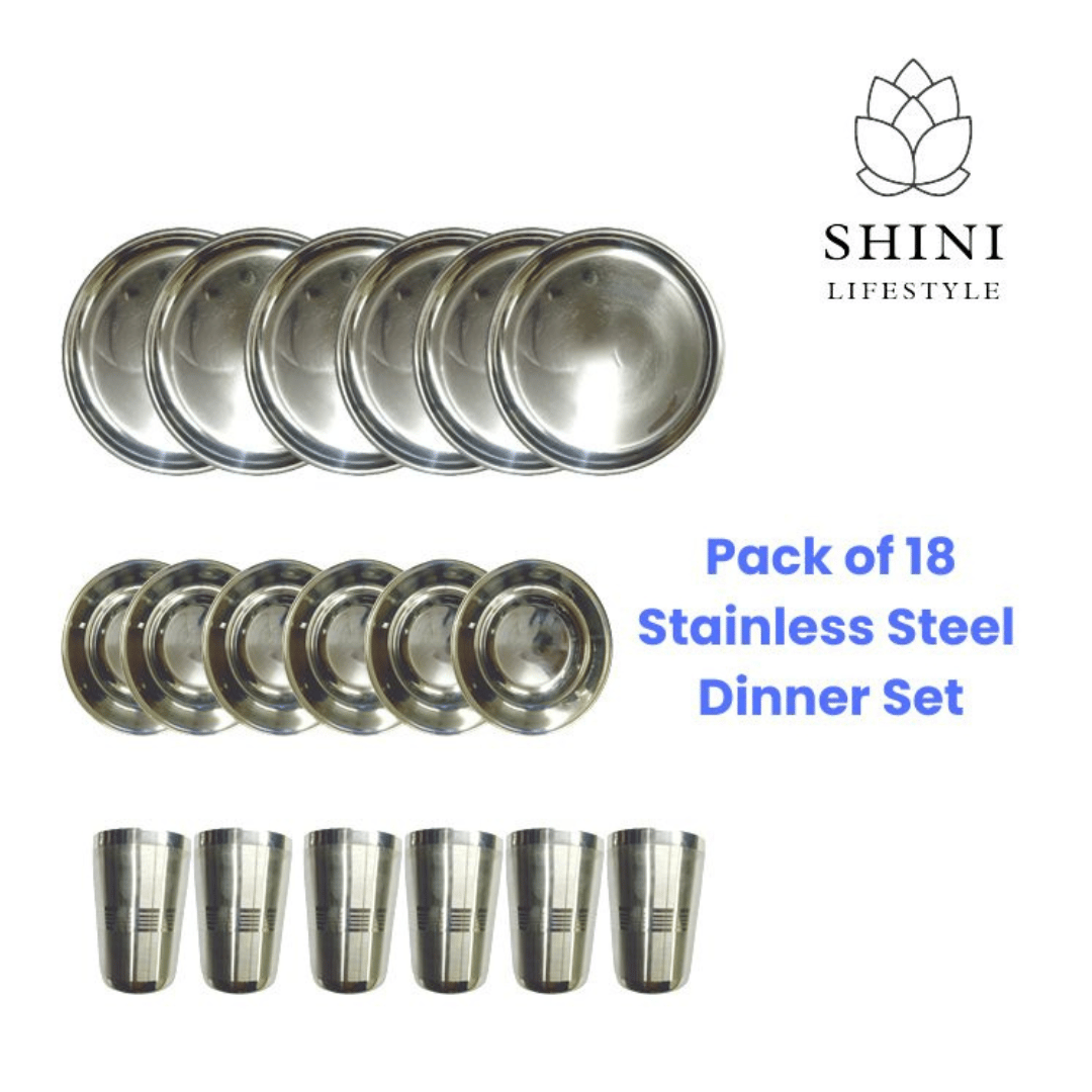 SHINI LIFESTYLE Pack of 18 Stainless Steel Heavy Quality Mirror Finish set of 18 (6 Dinner Plates, 6 bowl/wati, 6 Glasse) Dinner Set (Silver)