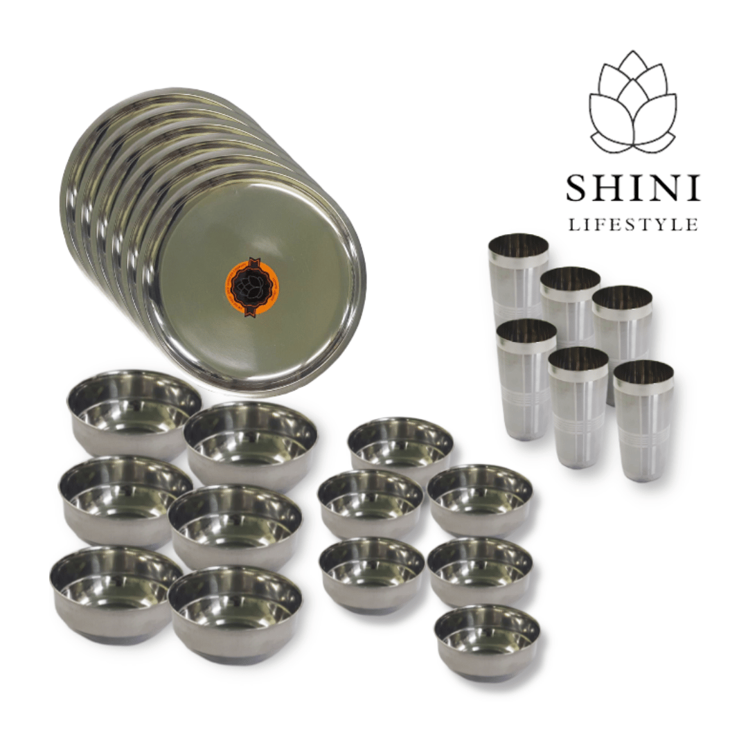 SHINI LIFESTYLE Pack of 24 Stainless Steel Good Quality Mirror Finish (6 Dinner Plates, 6 Big bowl, 6 Small bowl, 6 Glass) Dinner Set (Silver)