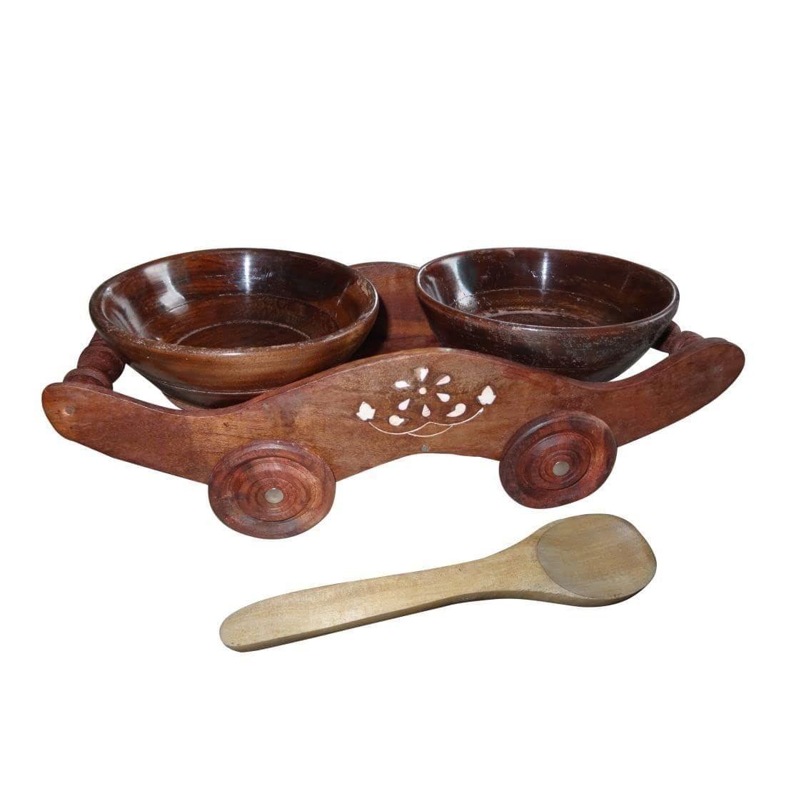 Wooden Trolley Tray with Bowl I Serving Tray with Set of 2 Bowl Tray Serving Set