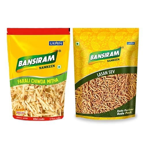 Bansiram Namkeen Farali Chiwda Mitha 350 & Lahsun Sev (400g Each) - 750gm.