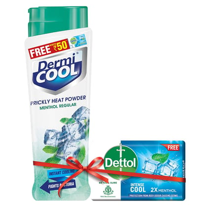 Dermicool Menthol Regular Prickly Heat Powder � Pack of 150g | Dettol Cool Soap 125g Free | Cooling relief from prickly heat, burning & itching of skin