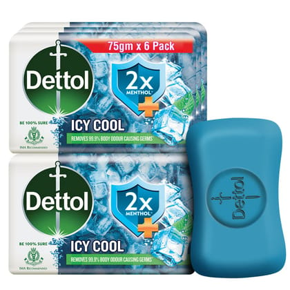 Dettol Icy Cool Bathing Soap Bar with Menthol - 75g each (Pack of 6)