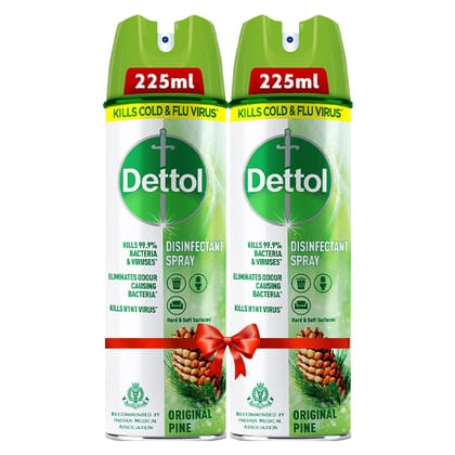 Dettol Disinfectant Sanitizer Spray Bottle | Kills 99.9% Germs & Viruses | Germ Kill on Hard and Soft Surfaces (Original Pine, Pack of 2 - 225ml each)