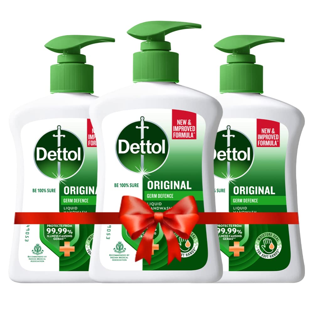 Dettol Liquid Handwash Dispenser Bottle Pump (Pack of 3 - 200ml each)- Original Hand Wash | Germ Defence Formula | 10x Better Germ Protection