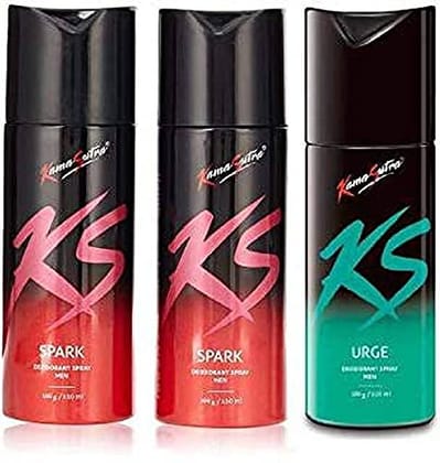 Kama Sutra KS Deo Combo Pack Body Spray for Unisex, 450ml (Pack of 3) - 1 Urge & 2 Spark