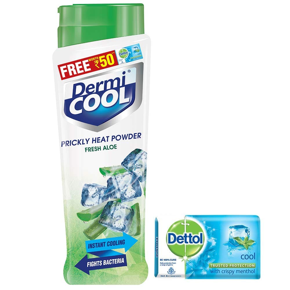 Dermicool Prickly Heat Powder, Aloe, 150 g with Free Dettol Cool Soap, 125g