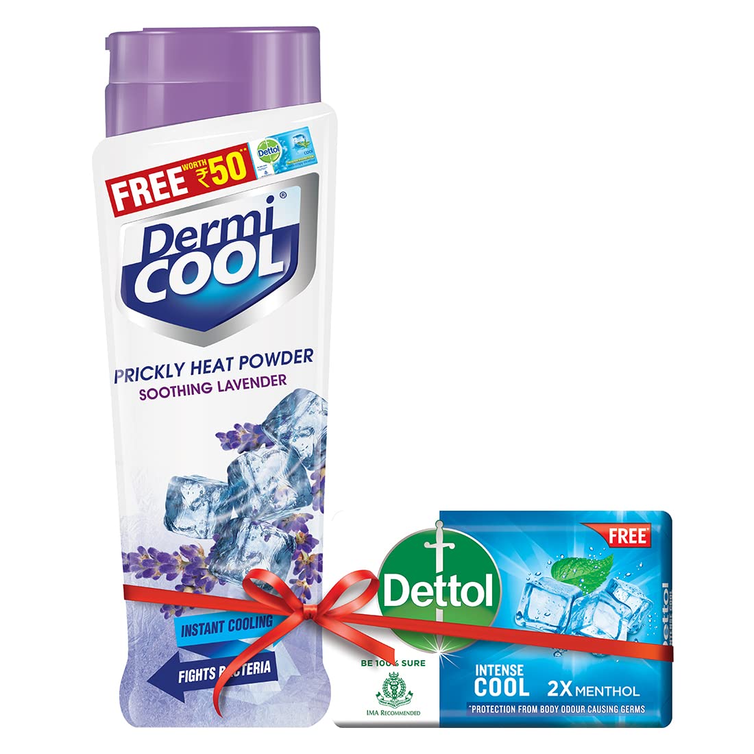 Dermicool Soothing Lavender Prickly Heat Powder,Pack of 150g | Dettol Cool Soap 125g Free | Cooling relief from prickly heat, burning & itching of skin