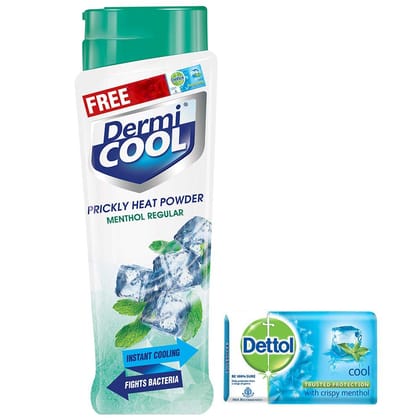 DermiCool Prickly Heat Powder, Menthol Regular, Pack of 150 g (Free Dettol Cool Soap, 75g Worth Rs 30)