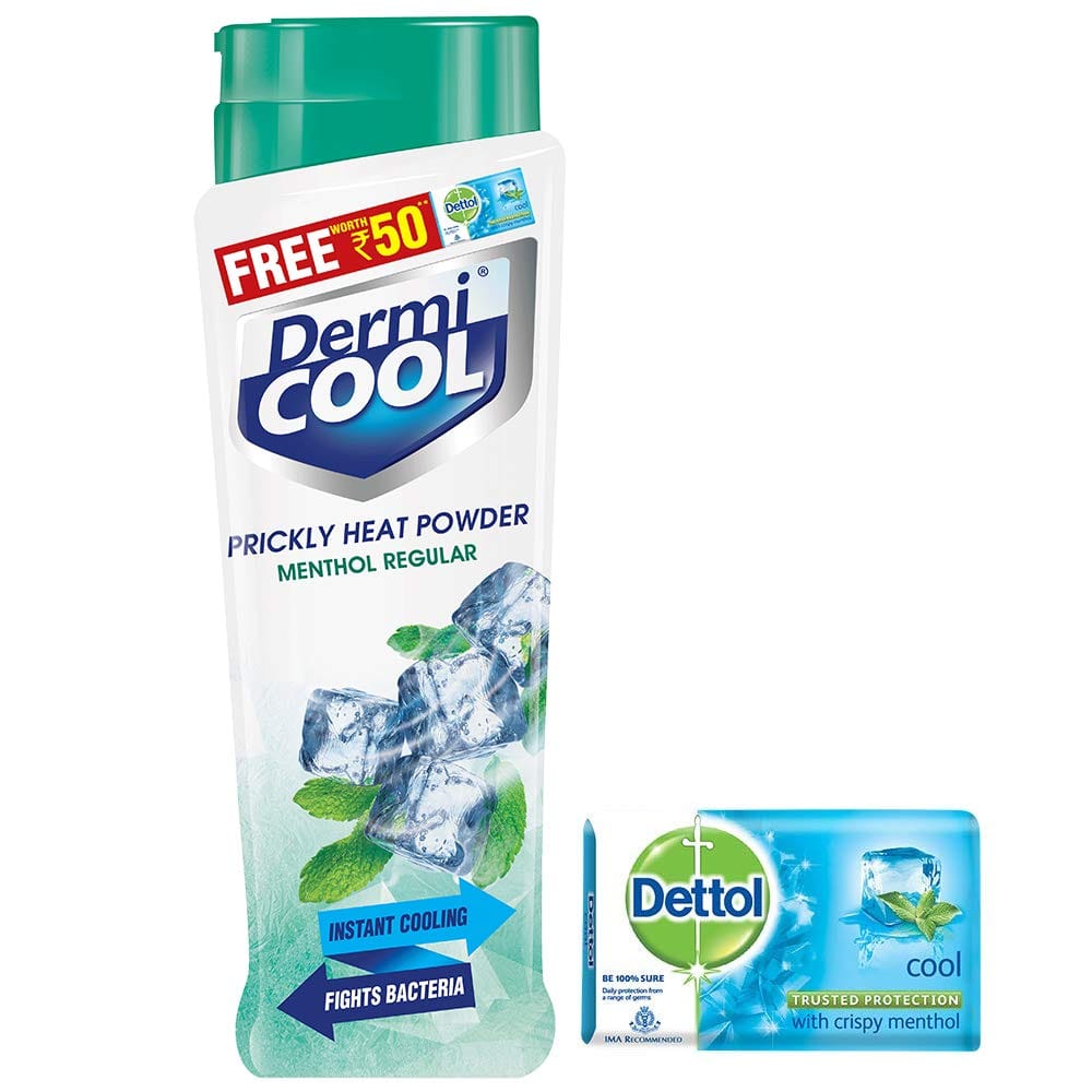 Dermicool Prickly Heat Powder, Menthol, 150 g with Free Dettol Cool Soap, 125g