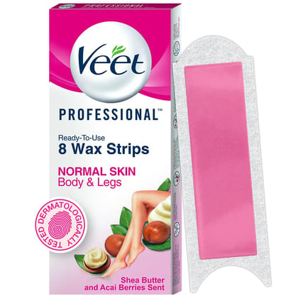 Veet Professional Waxing Strips Kit for Normal Skin, 8 Strips | Gel Wax Hair Removal for Women | Up to 28 Days of Smoothness | No Wax Heater or Wax Beans Required