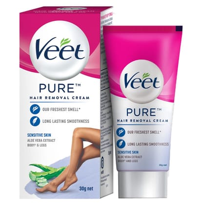 Veet Pure Hair Removal Cream for Women with No Ammonia Smell, Sensitive Skin - 30 g | Suitable for Legs, Underarms, Bikini Line, Arms | 2x Longer Lasting Smoothness than Razors