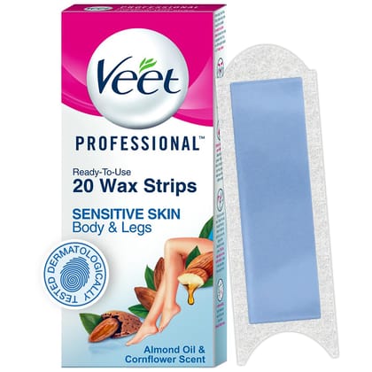 Veet Professional Waxing Strips Kit for Sensitive Skin, 20 Strips | Gel Wax Hair Removal for Women | Up to 28 Days of Smoothness | No Wax Heater or Wax Beans Required