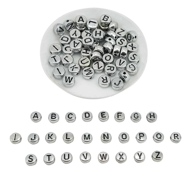 Metallic Acrylic Letter Alphabet Beads 7x3.5 MM Silver Color Hole Size 1 MM  Flat Round For Jewellery Making DIY Crafts Keychains Decoration-A / 60  Pieces (10 Grams)