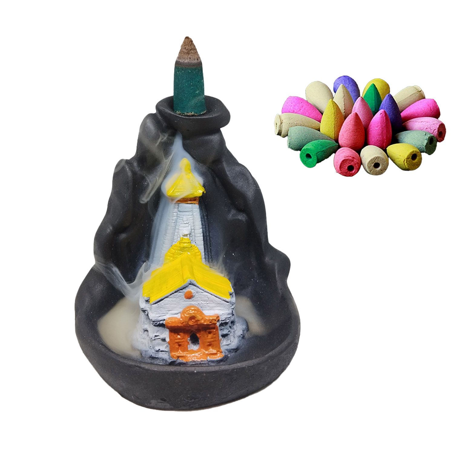 ZURU BUNCH Handcrafted Pure Ceramic Kedarnath Temple Smoke Waterfall Cone Incense Holder, Kedarnath Temple Smoke Waterfall Incense Holder with 10 Pieces backflow incense cones