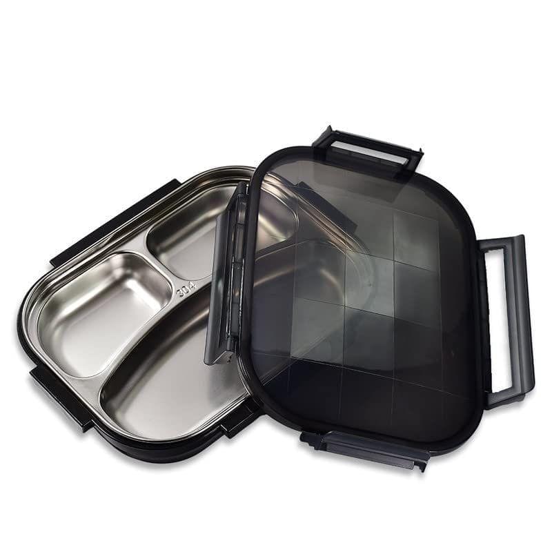 Store4Hope Black Transparent Lunch Box for Kids and Adults, Stainless Steel Lunch Box with 3 Compartments.