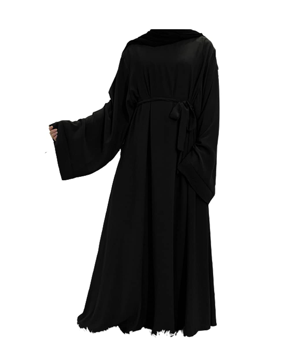 Barakath Dubai Long Muslim Women Islamic Dresses Plain Simple Abaya With Belt Style (Black, Large)