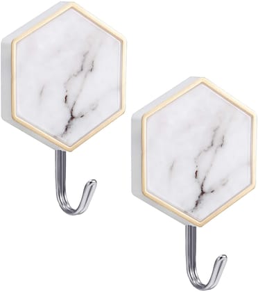 Barakath Adhesive Hooks Sticky Wall Hanging Hooks Heavy Duty Seamless Stainless Steel for Kitchen Bathroom Door Kitchen Door Bedroom (Hexagon Marble)