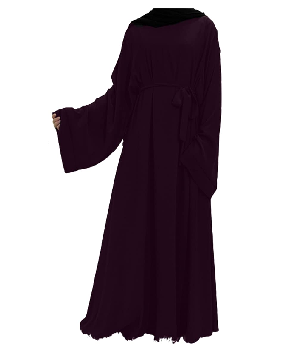 Barakath Dubai Long Muslim Women Islamic Dresses Plain Simple Abaya With Belt Style (Purple, Medium)