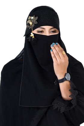 Barakath Black color Nosepiece for Islamic Muslim women, Fancy Handwork & Brooch fixed on Forehead part, Nida (Firdos) Fabric, Eveningwear (BLACK FLOWER)