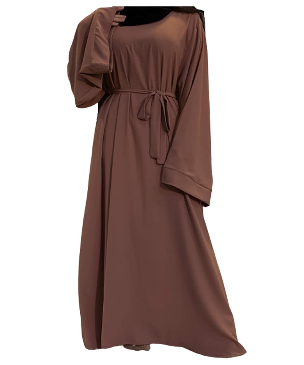 Barakath Dubai Long Muslim Women Islamic Dresses Plain Simple Abaya With Belt Style (Brown, XX-Large)