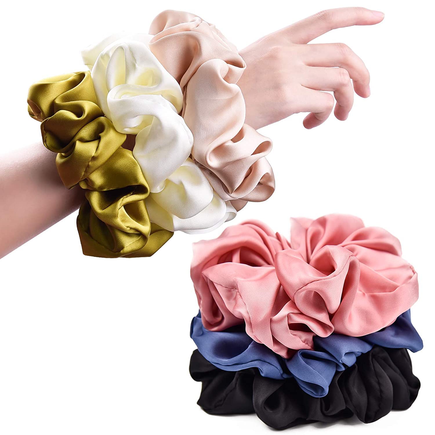 Hair Scrunchies for Women Large Scrunchie Satin Oversized Silk Thick Elastic Hair Ties Jumbo Hair Scrunchies 8 Pack (black,white,pink, champagne,navy,yellow)